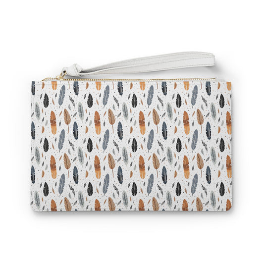 Whispering Feathers Clutch Bag - Vegan Leather Saffiano Pattern Fashionista On-the-Go Zip Fastening Wrist Strap.