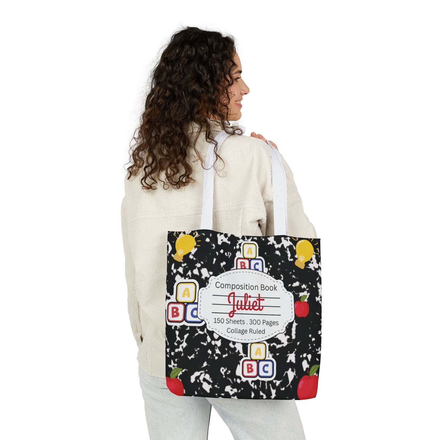 Personalized Black Composition Book Inspired Canvas Tote Bag with Colorful Straps, Cute School Bag, Eco-Friendly Tote, Back to School Shopping Bag, Teacher Gift Idea