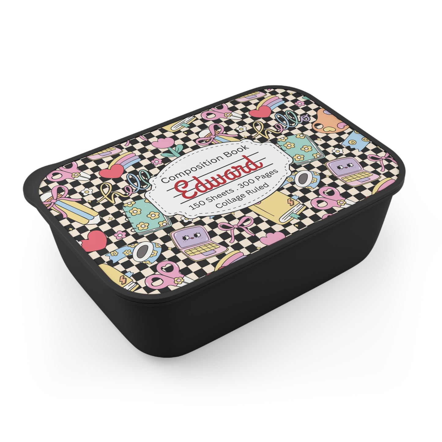 Personalized Black Doodle Daydream Composition Book Inspired Bento Box, Fun Lunch Container, School Lunch, Meal Prep, Kids' Utensils, Back to School, Child's Lunchbox