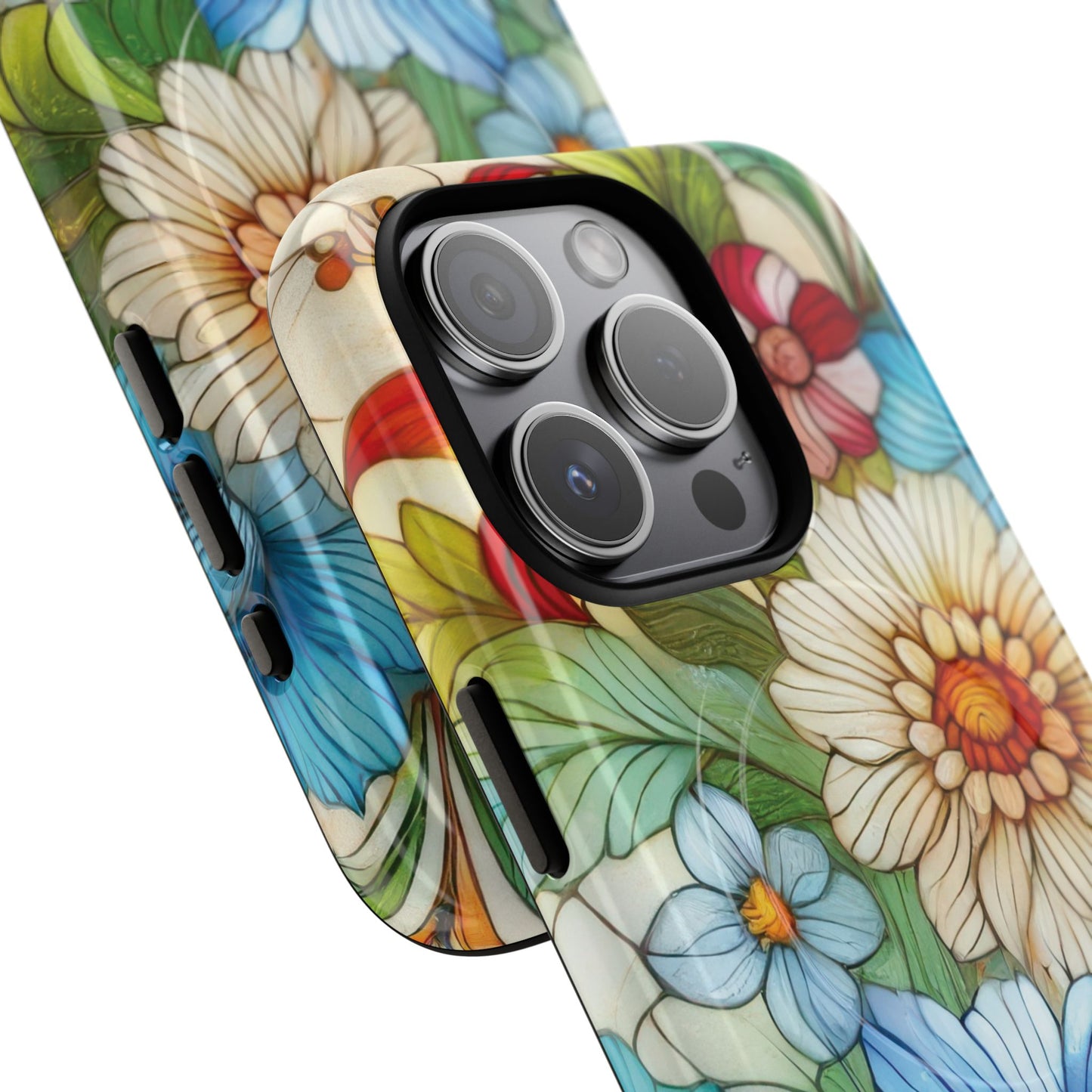 Botanical Radiance Tough iPhone Magnetic Case, Customizable Durable iPhone Cover | Ideal Gift for Nature Lovers, Floral Stained Glass Gift