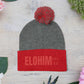 Red Pom-Pom Knit Cap with 'ELOHIM, GENESIS 1:1'  Embroidery Beanie - Stylish Winter Accessory for All Ages, Perfect Gift for Birthdays, Holidays, and Outdoor Activities