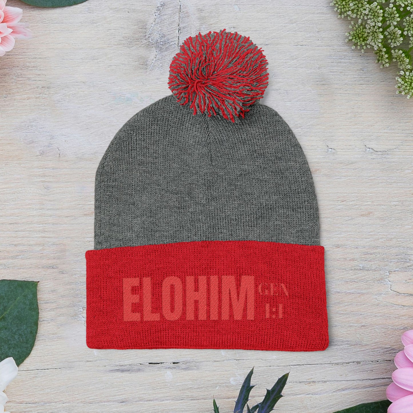 Red Pom-Pom Knit Cap with 'ELOHIM, GENESIS 1:1'  Embroidery Beanie - Stylish Winter Accessory for All Ages, Perfect Gift for Birthdays, Holidays, and Outdoor Activities