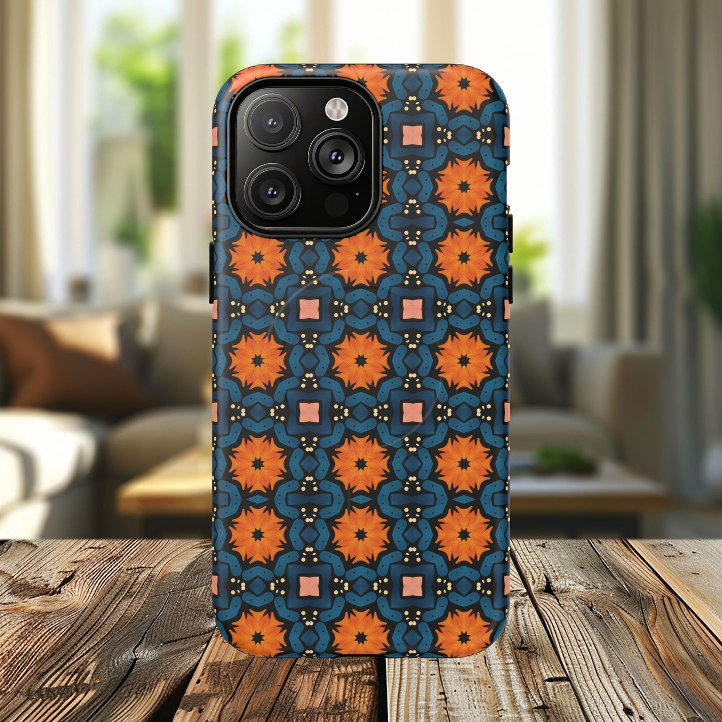 Saffron Tile Bloom Vibrant Floral Tough Magnetic iPhone Case, Durable iPhone Cover, Gift for Her, Floral Design, Unique iPhone Protection.
