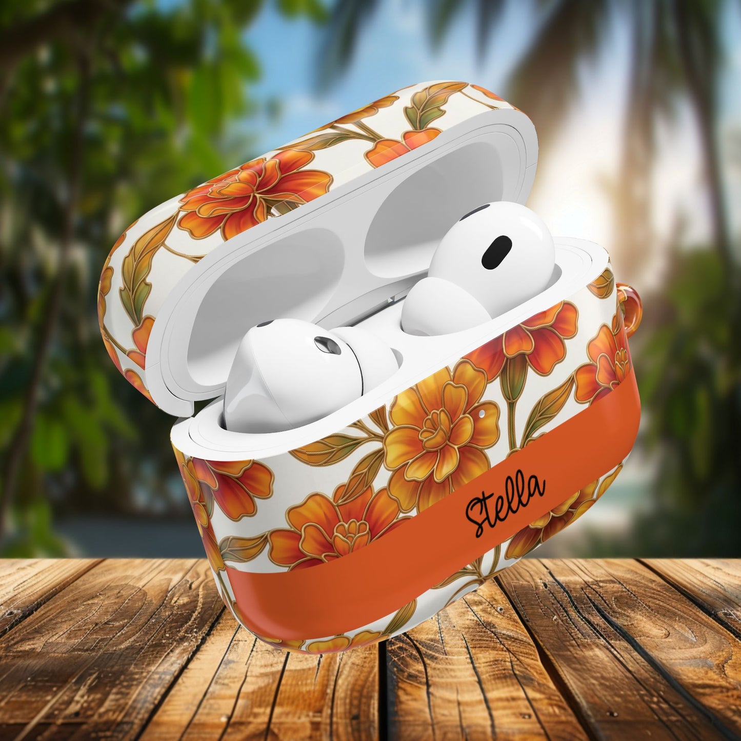 Stained Glass Effect Floral Orange Marigold AirPod Case — Personalized Name Option