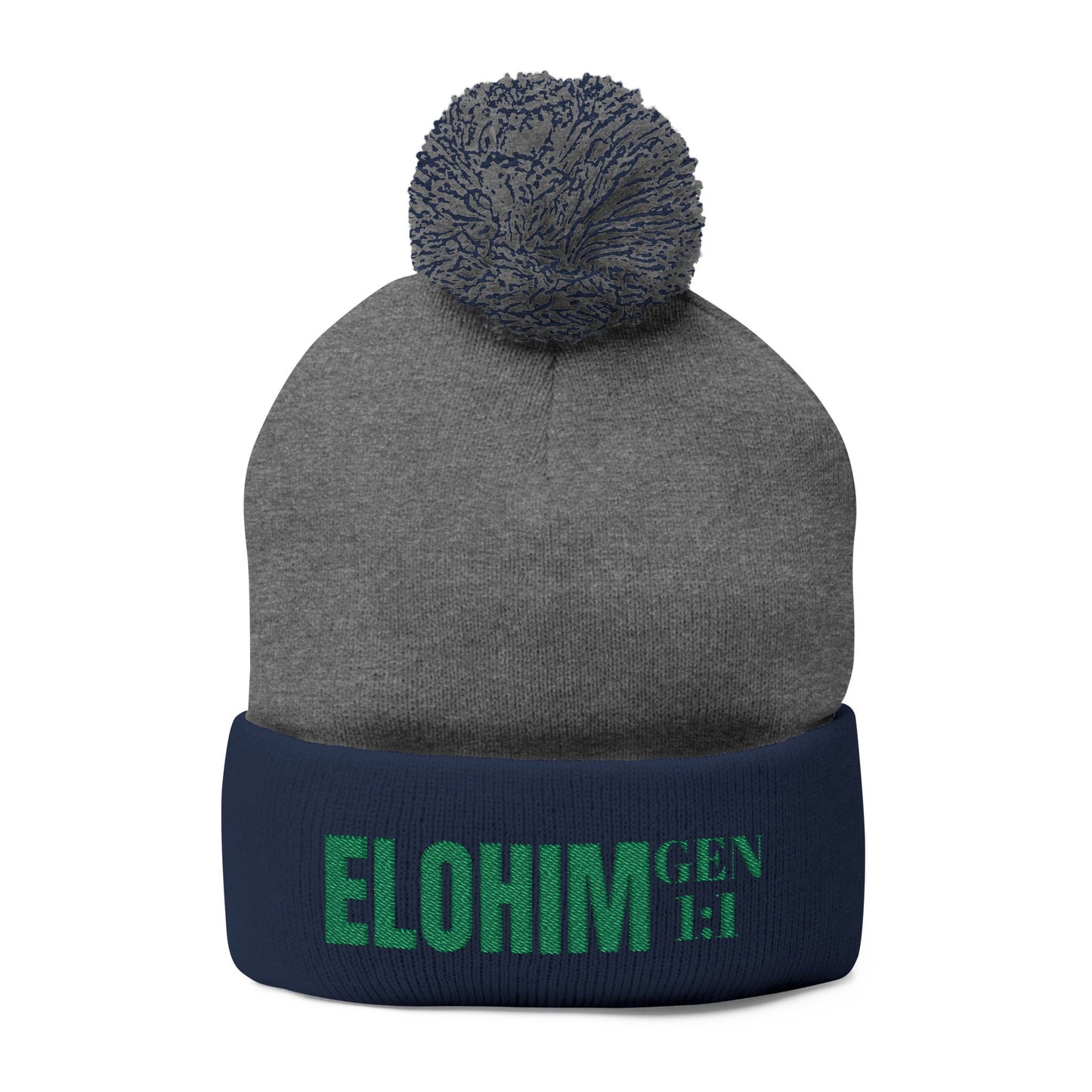 Pom-Pom Knit Cap with 'ELOHIM, GENESIS 1:1'  Embroidery Beanie - Stylish Winter Accessory for All Ages, Perfect Gift for Birthdays, Holidays, and Outdoor Activities
