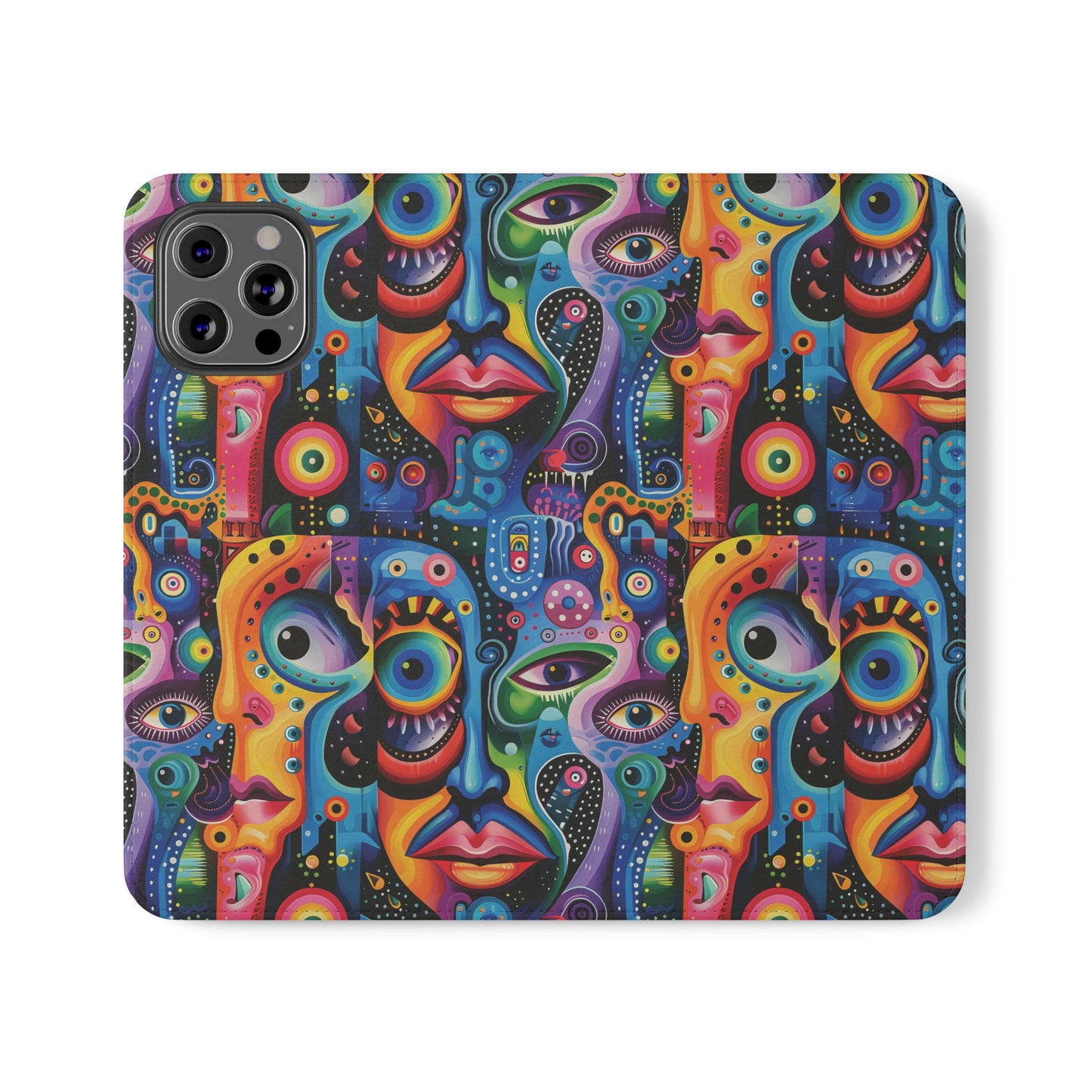 Psychedelic Visions Vibrant Art Flip iPhone and Samsung Phone Case - Colorful Faces Design for Phone Protection