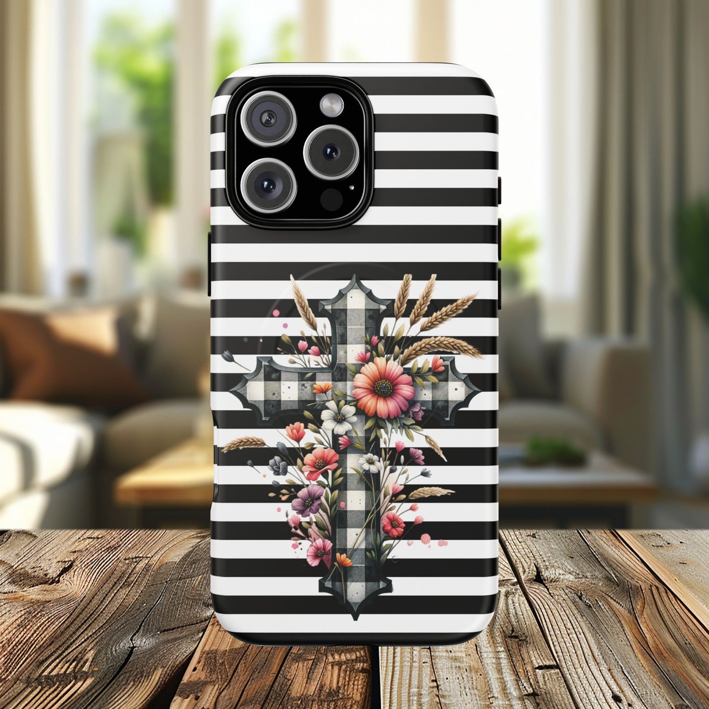 Grace in Bloom Tough Magnetic iPhone Case with Floral Cross Design, Boho iPhone Cover, Striped iPhone Case, Unique Religious Gift, Trendy Cell iPhone Accessory.