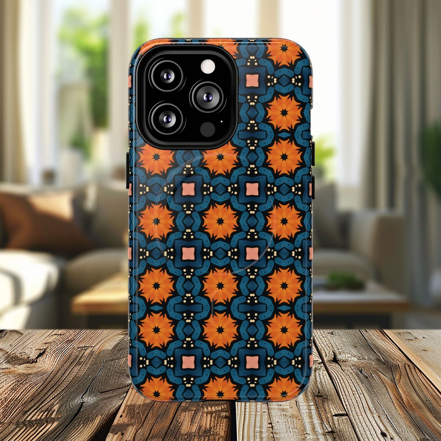 Saffron Tile Bloom Vibrant Floral Tough Magnetic iPhone Case, Durable iPhone Cover, Gift for Her, Floral Design, Unique iPhone Protection.