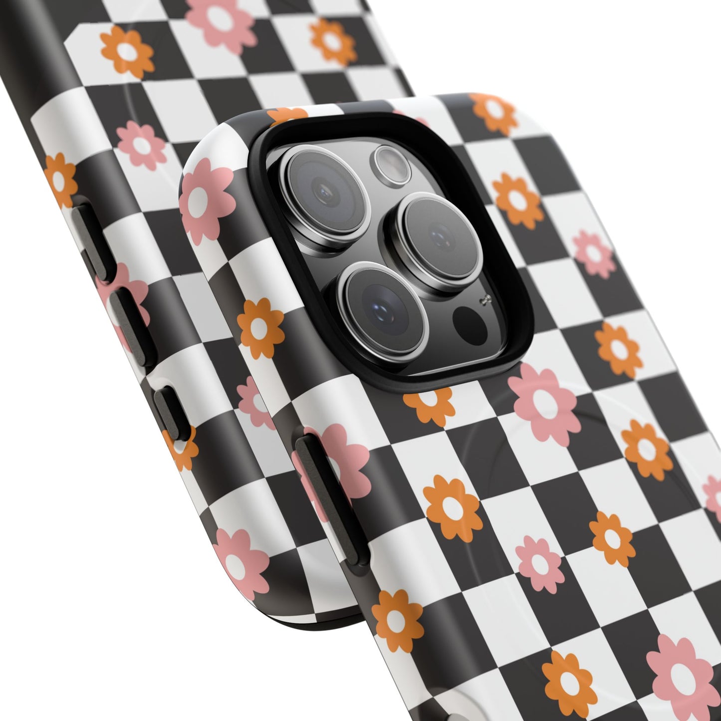 Groovy Checkered Bloom iPhone Case, Tough Magnetic Cases for Women, Stylish iPhone Cover, Trendy Floral Print, Gift for Her, Everyday Accessories