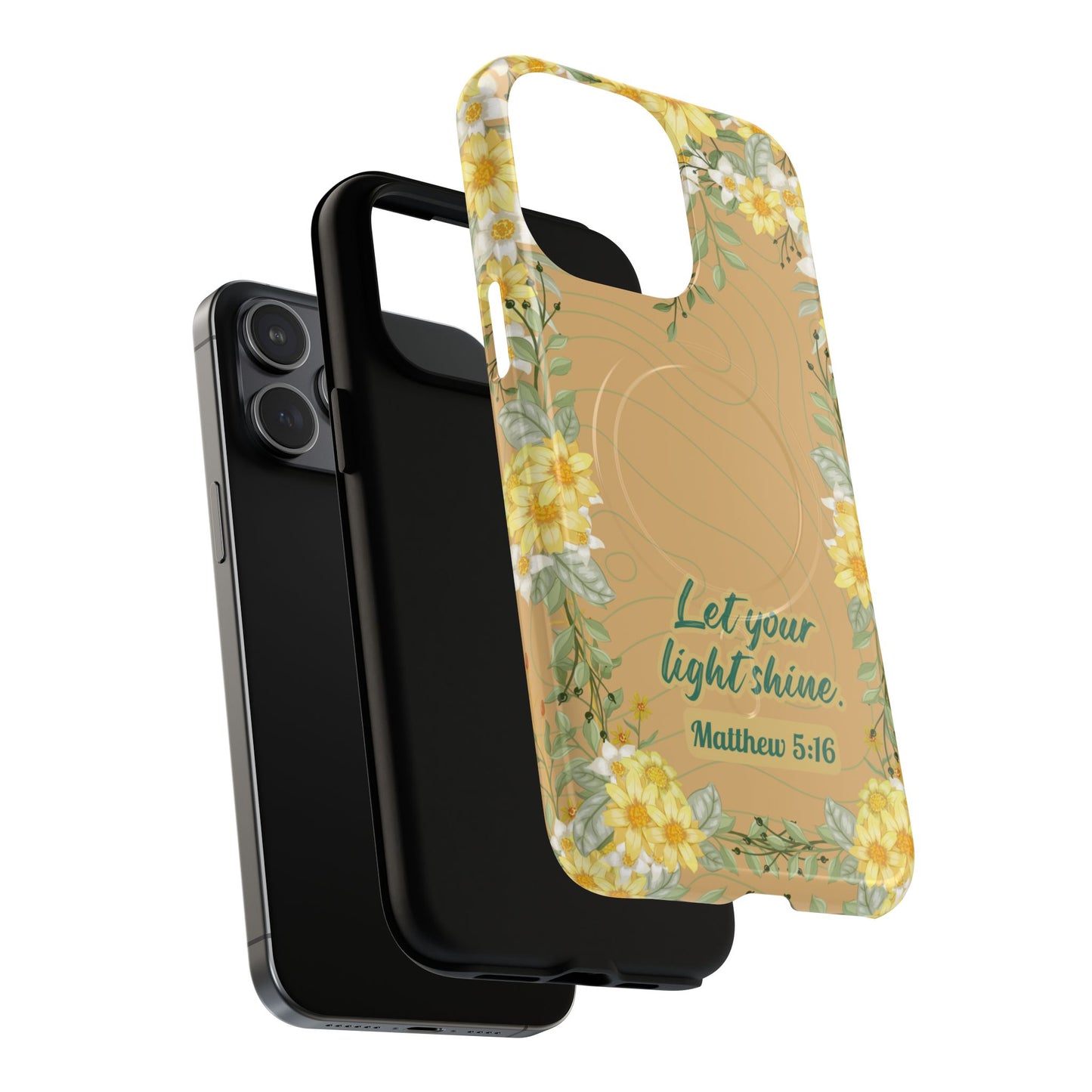 Let your Light Shine Matthew 5:16, Inspirational Gift, Tough iPhone Magnetic Case Scripture, Floral Bible Verse, MagSafe® iPhone® Tough Case, iPhone 14, iPhone 15, iPhone 16, Pro, Pro Max, Plus.