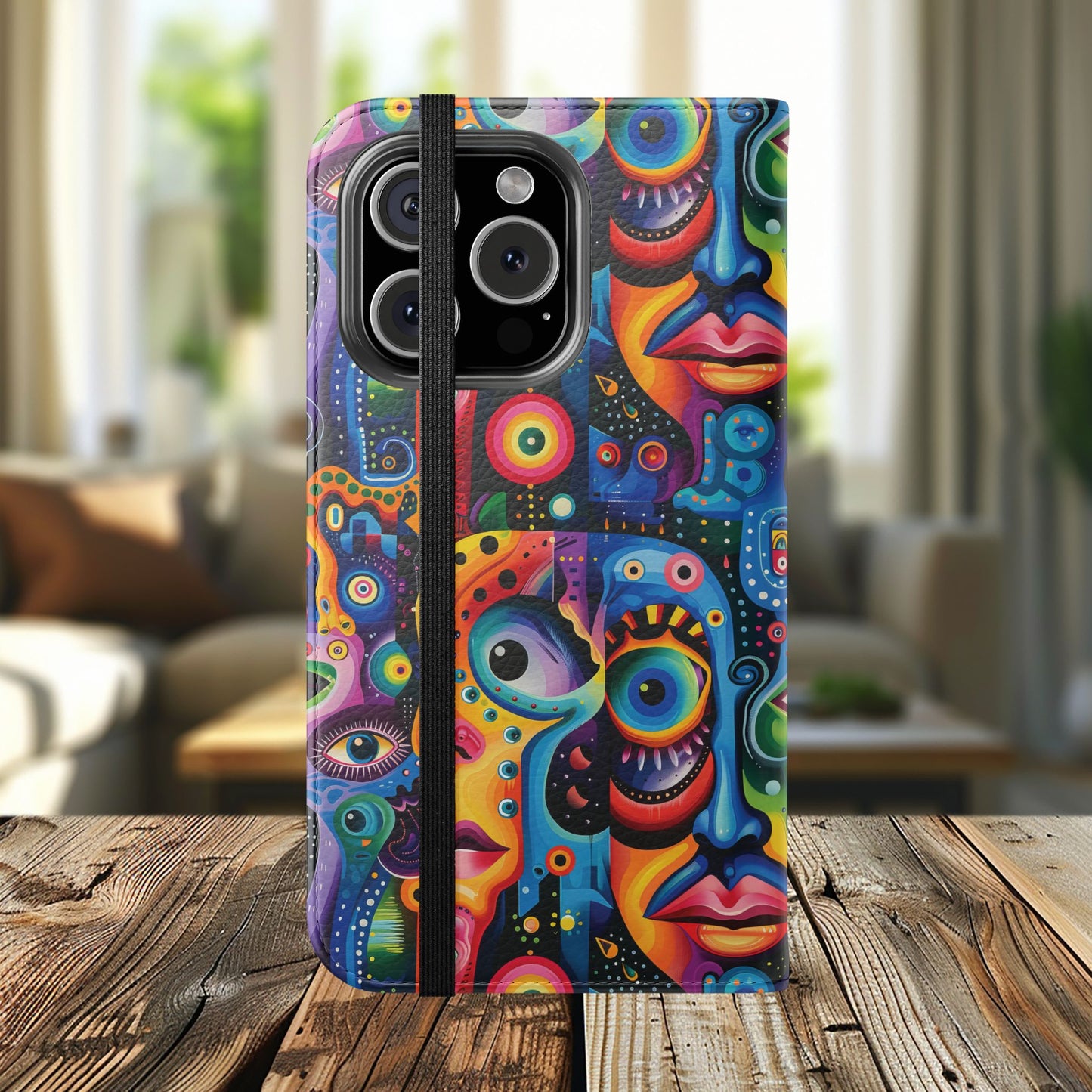 Psychedelic Visions Vibrant Art Flip iPhone and Samsung Phone Case - Colorful Faces Design for Phone Protection