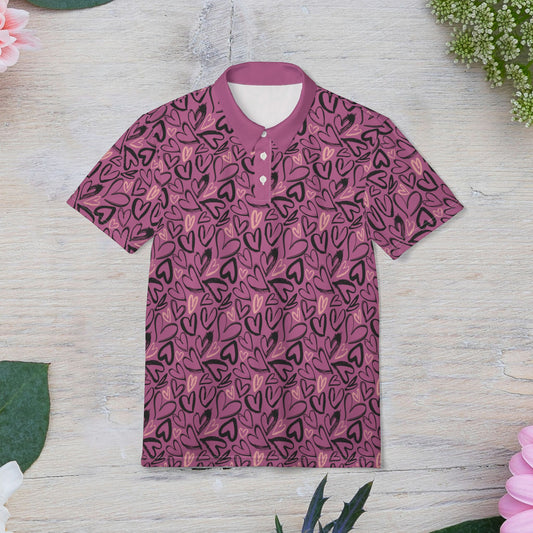 Heart Scribbles Polo Shirt, Unique Gift for Couples, Casual Wear, Valentine's Day Apparel, Stylish Summer Shirt, Love Themed Clothing