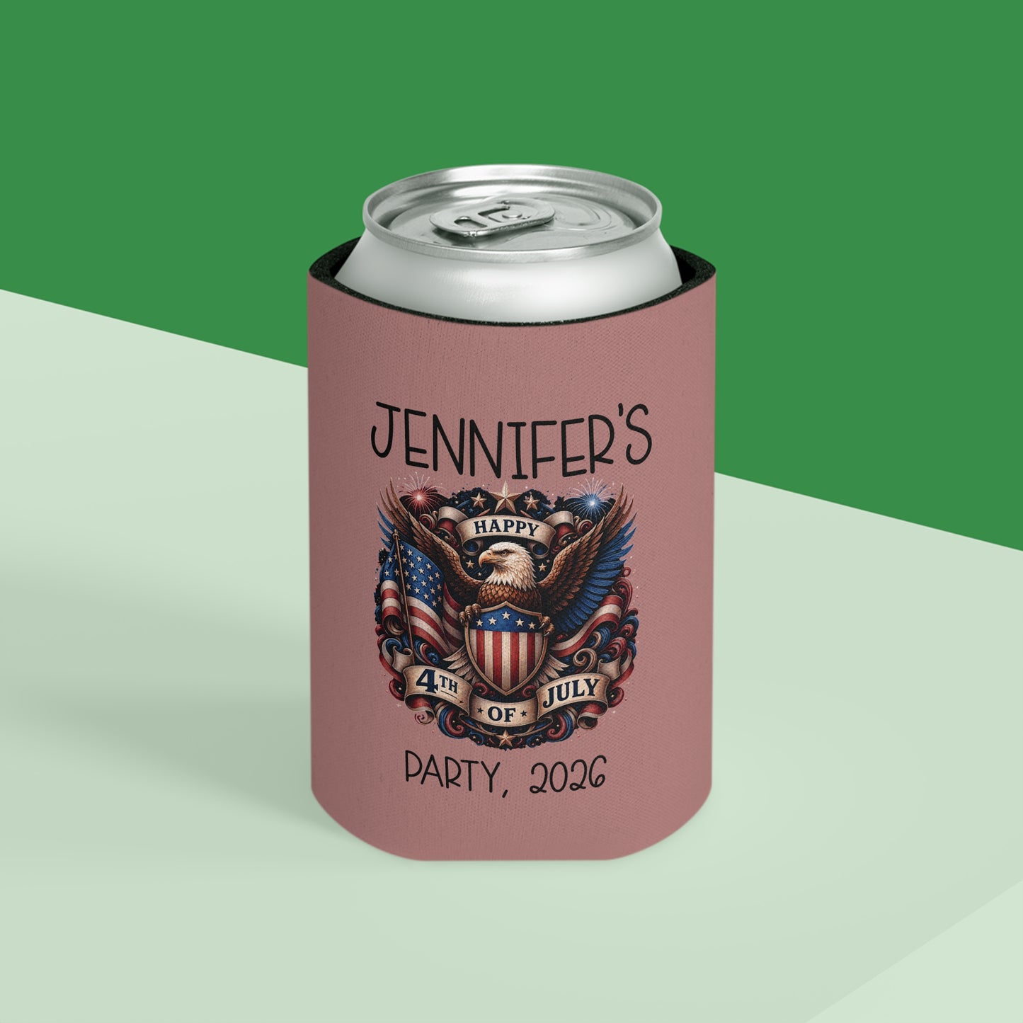 Personalized 4th of July Can Cooler — Custom Name Patriotic Eagle