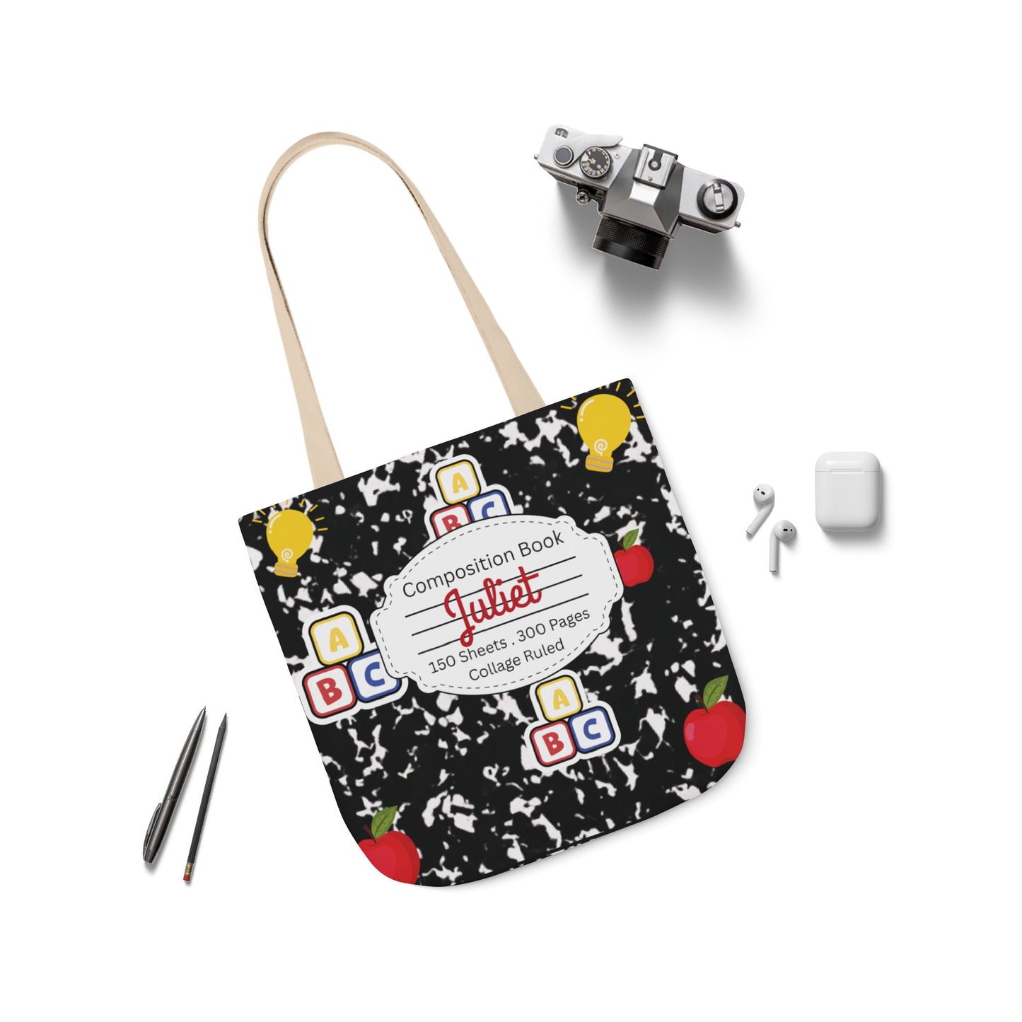 Personalized Black Composition Book Inspired Canvas Tote Bag with Colorful Straps, Cute School Bag, Eco-Friendly Tote, Back to School Shopping Bag, Teacher Gift Idea