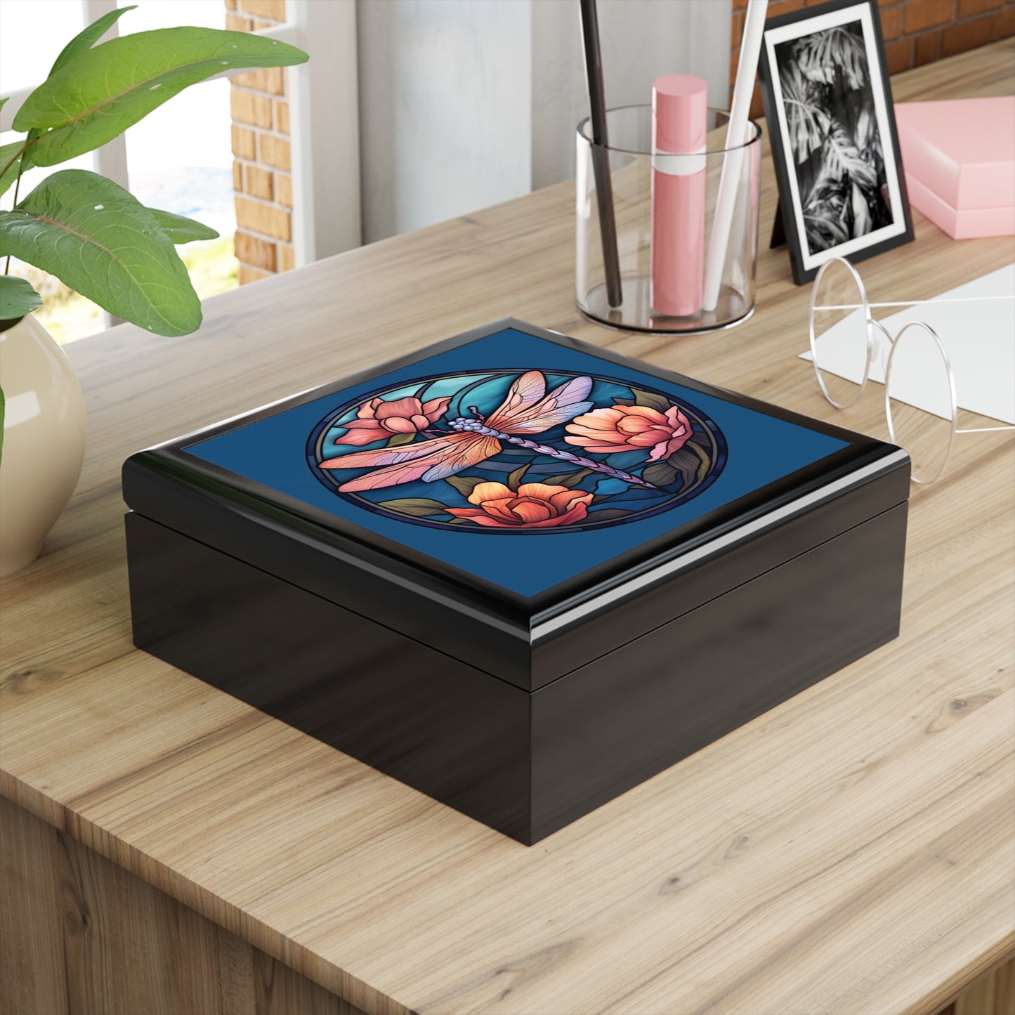 Dragonfly Floral Jewelry Box — Stained-Glass Style Trinket Keepsake