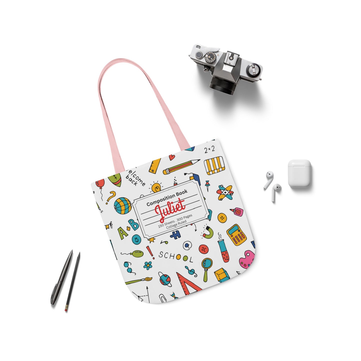 Personalized Classroom Couture Composition Book Inspired Canvas Tote Bag with Colorful Straps, Cute School Bag, Eco-Friendly Tote, Back to School Shopping Bag, Teacher Gift Idea