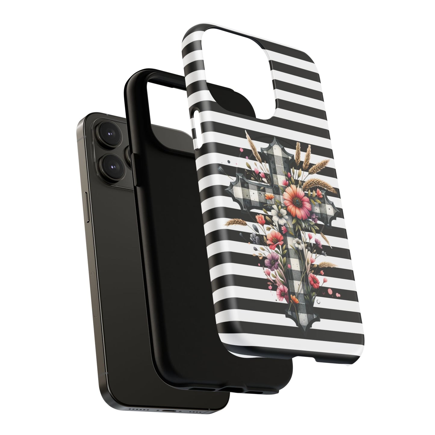 Grace in Bloom Tough Magnetic iPhone Case with Floral Cross Design, Boho iPhone Cover, Striped iPhone Case, Unique Religious Gift, Trendy Cell iPhone Accessory.
