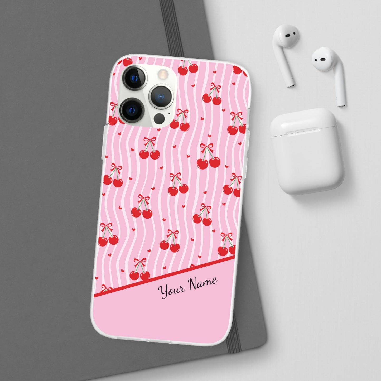 Personalized Cherry Blossom Dreams Flexi Case — Pink Retro Cherry iPhone® 7/8, 11, 12, 13, 14, 15, 16, 17, X/XS, SE, XR, Mini, Pro, Pro Max, Plus Cases.