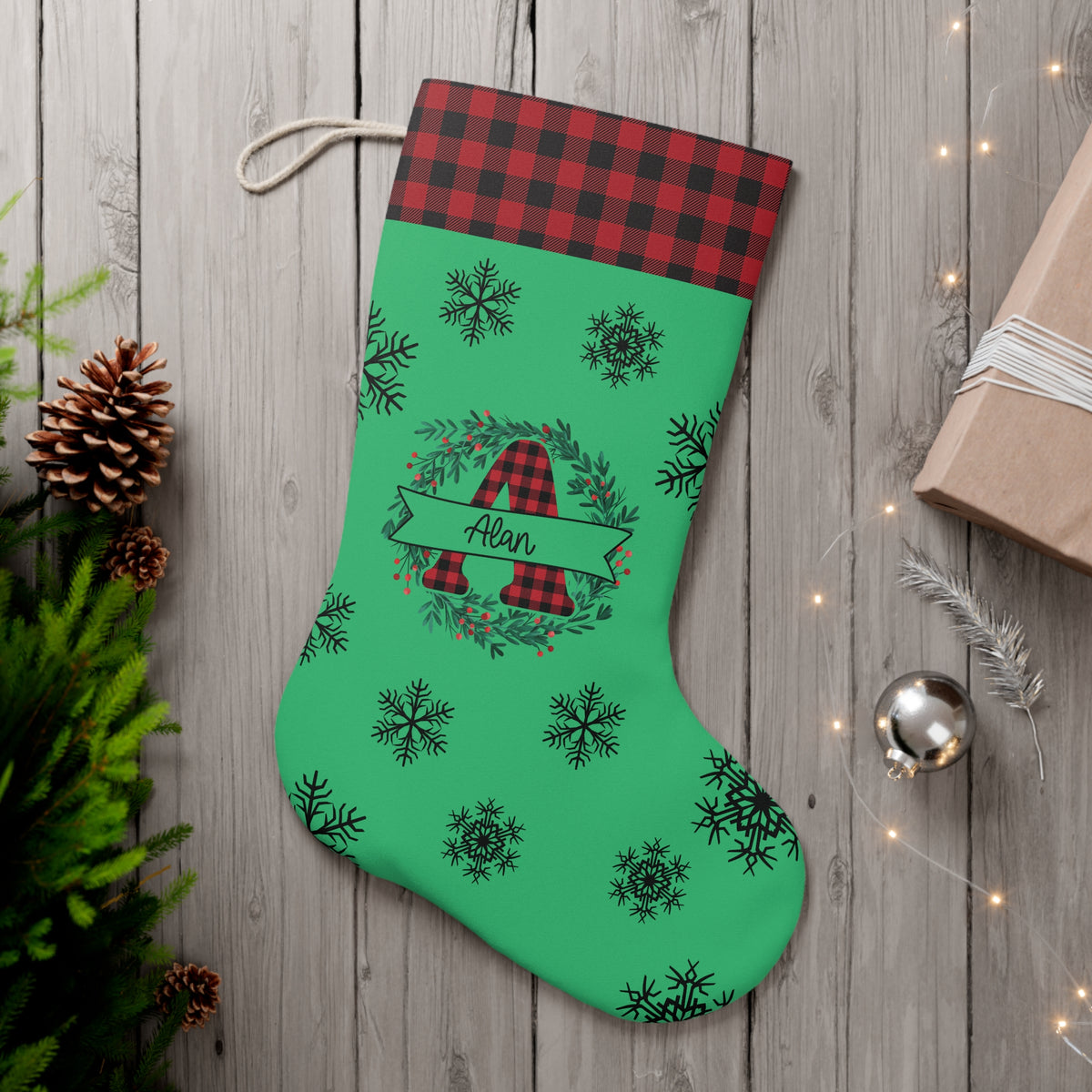 Personalized Buffalo Plaid Santa Stocking – Green Wreath with Name