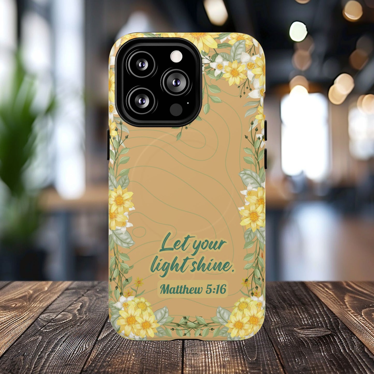 Let your Light Shine Matthew 5:16, Inspirational Gift, Tough iPhone Magnetic Case Scripture, Floral Bible Verse, MagSafe® iPhone® Tough Case, iPhone 14, iPhone 15, iPhone 16, Pro, Pro Max, Plus.