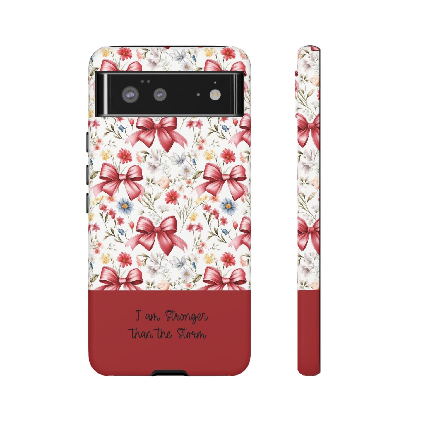 Personalized Rosette Coquette Phone Case - Custom Name/Message 'I Am Stronger Than The Storm' Floral Bow Protective Case