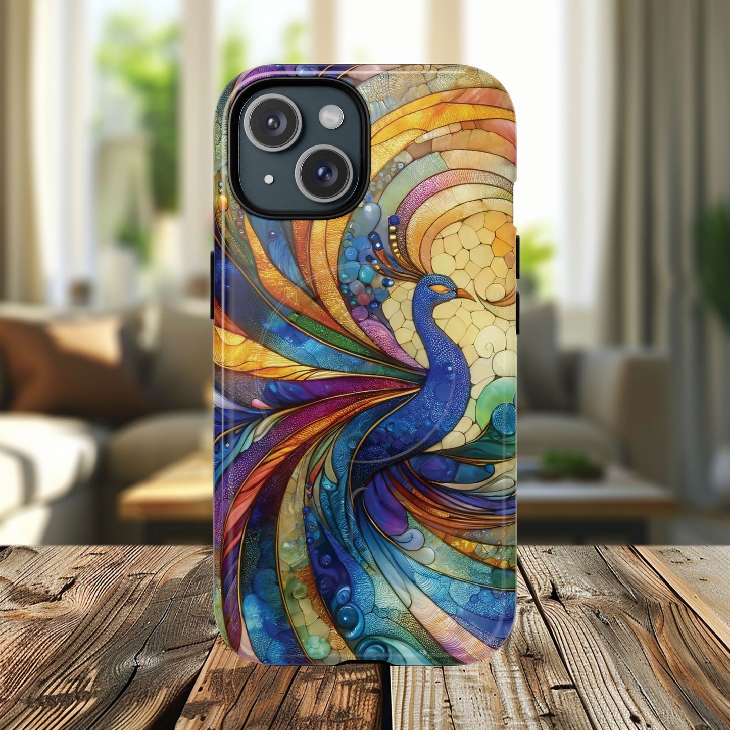 Mosaic Peacock Feathers Magnetic Phone Case, Tough Phone Shell, Vibrant Art Case, Gift for Her, Unique Phone Accessory, Wildlife Lover's Gift, Stained Glass Case.