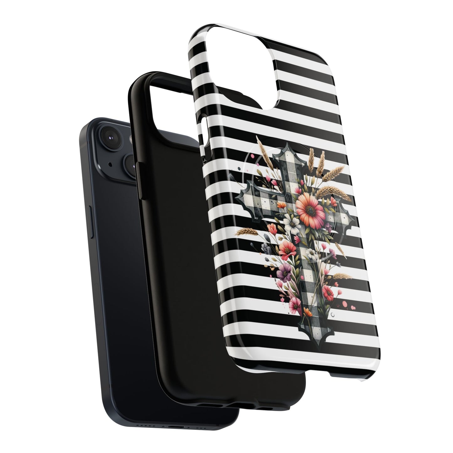 Grace in Bloom Tough Magnetic iPhone Case with Floral Cross Design, Boho iPhone Cover, Striped iPhone Case, Unique Religious Gift, Trendy Cell iPhone Accessory.