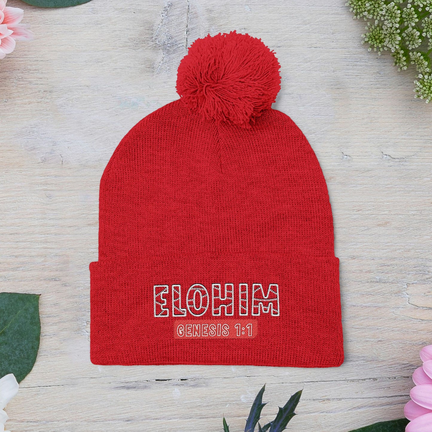 Cozy Pom-Pom Knit Cap with 'ELOHIM, GENESIS 1:1'  Embroidery Beanie - Stylish Winter Accessory for All Ages, Perfect Gift for Birthdays, Holidays, and Outdoor Activities