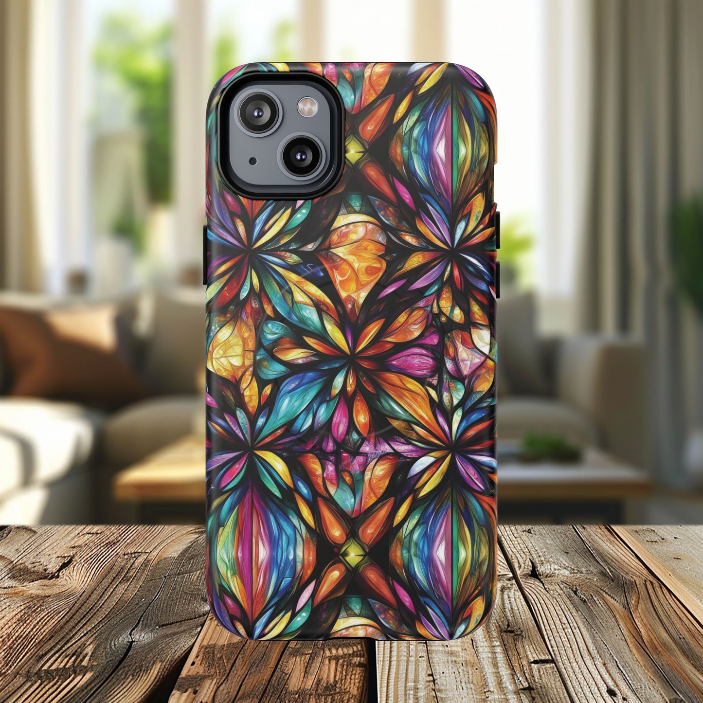 Luminous Whirl Tough Magnetic iPhone Cases, Vibrant Protection, Unique Floral Print, Durable Cover, Gift for Tech Lovers, iPhone Accessory, Stained Glass iPhone Design.