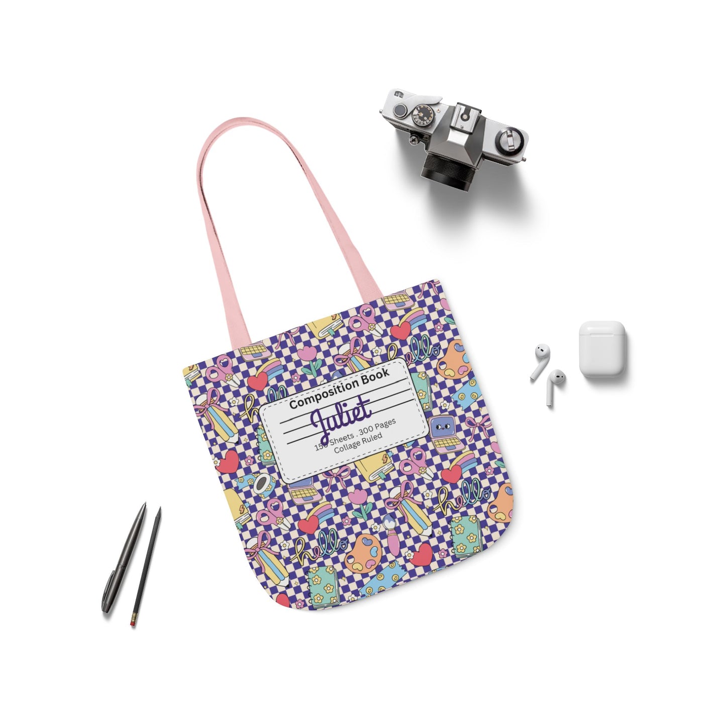 Personalized Purple Doodle Daydream Composition Book Inspired Canvas Tote Bag with Colorful Straps, Cute School Bag, Eco-Friendly Tote, Back to School Shopping Bag, Teacher Gift Idea