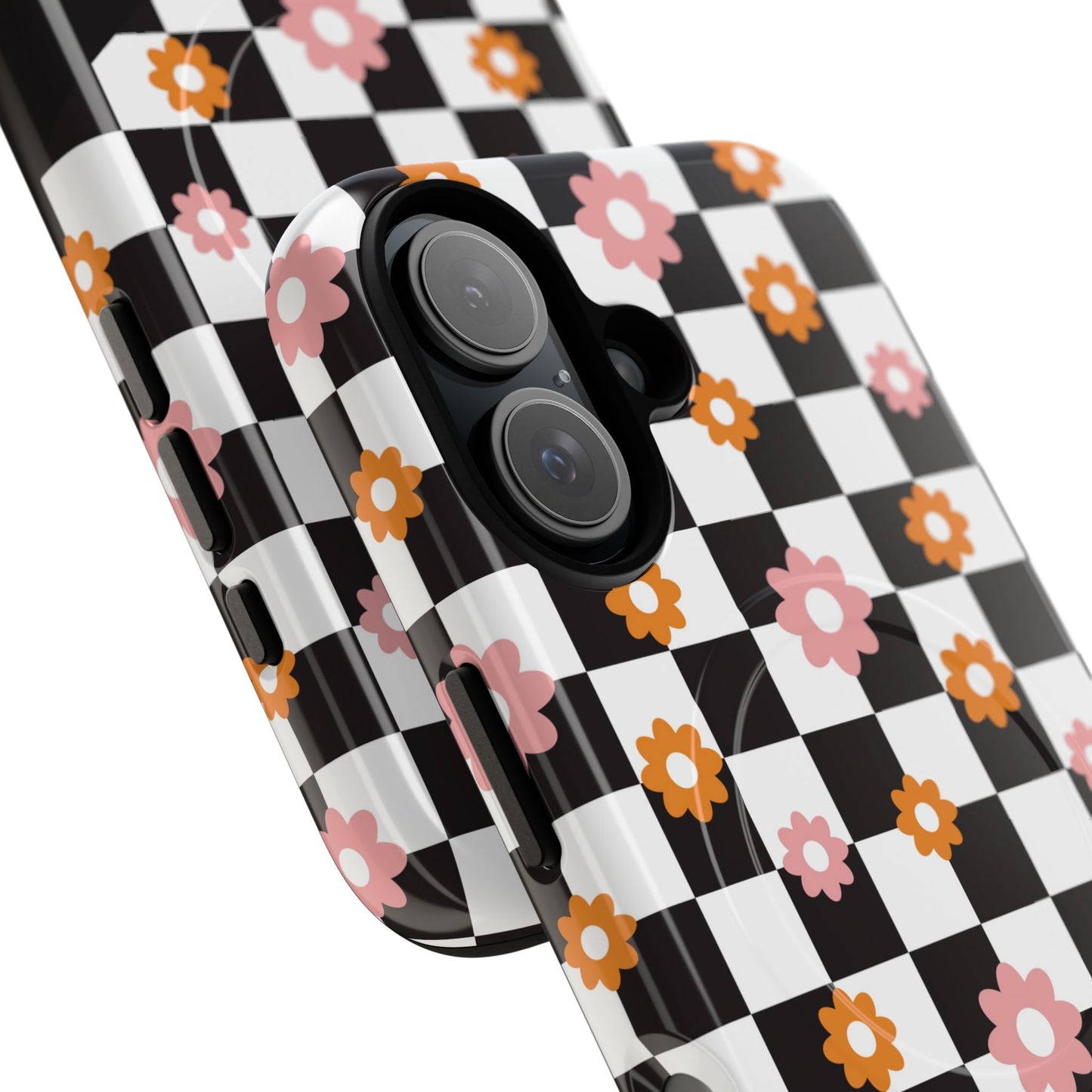 Groovy Checkered Bloom iPhone Case, Tough Magnetic Cases for Women, Stylish iPhone Cover, Trendy Floral Print, Gift for Her, Everyday Accessories