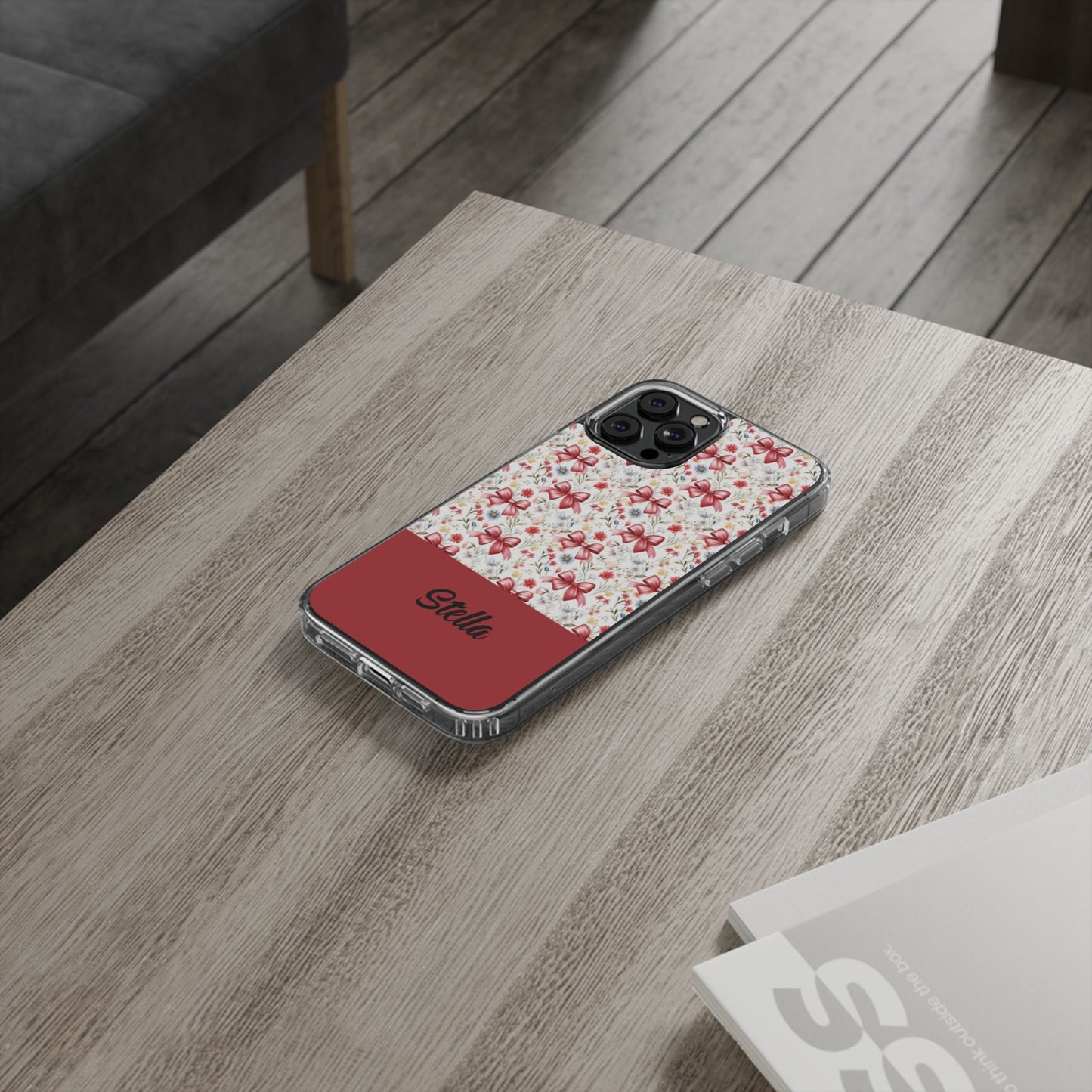 Personalized Rosette Coquette Floral Bow Clear iPhone, Samsung Cases — Custom Name Phone Cover