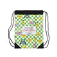 Custom Green SchoolYard Chic Composition Book Inspired Colorful plsyful icons Drawstring Bag | Personalized College Ruled Tote | Kids School Gear | Fun Gym Sack | Back to School Accessory