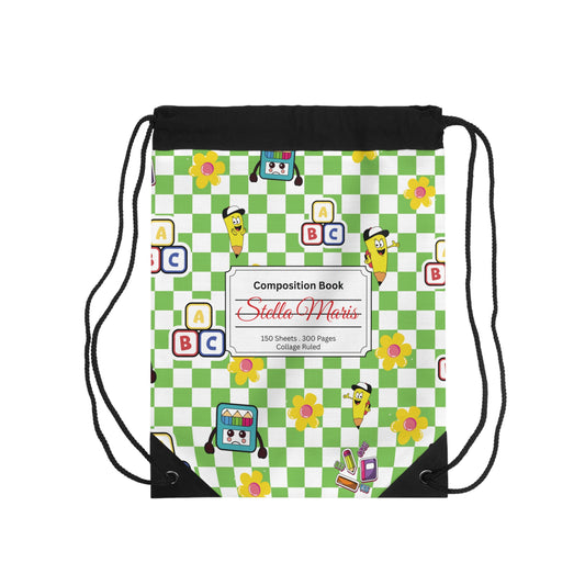 Custom Green SchoolYard Chic Composition Book Inspired Colorful plsyful icons Drawstring Bag | Personalized College Ruled Tote | Kids School Gear | Fun Gym Sack | Back to School Accessory