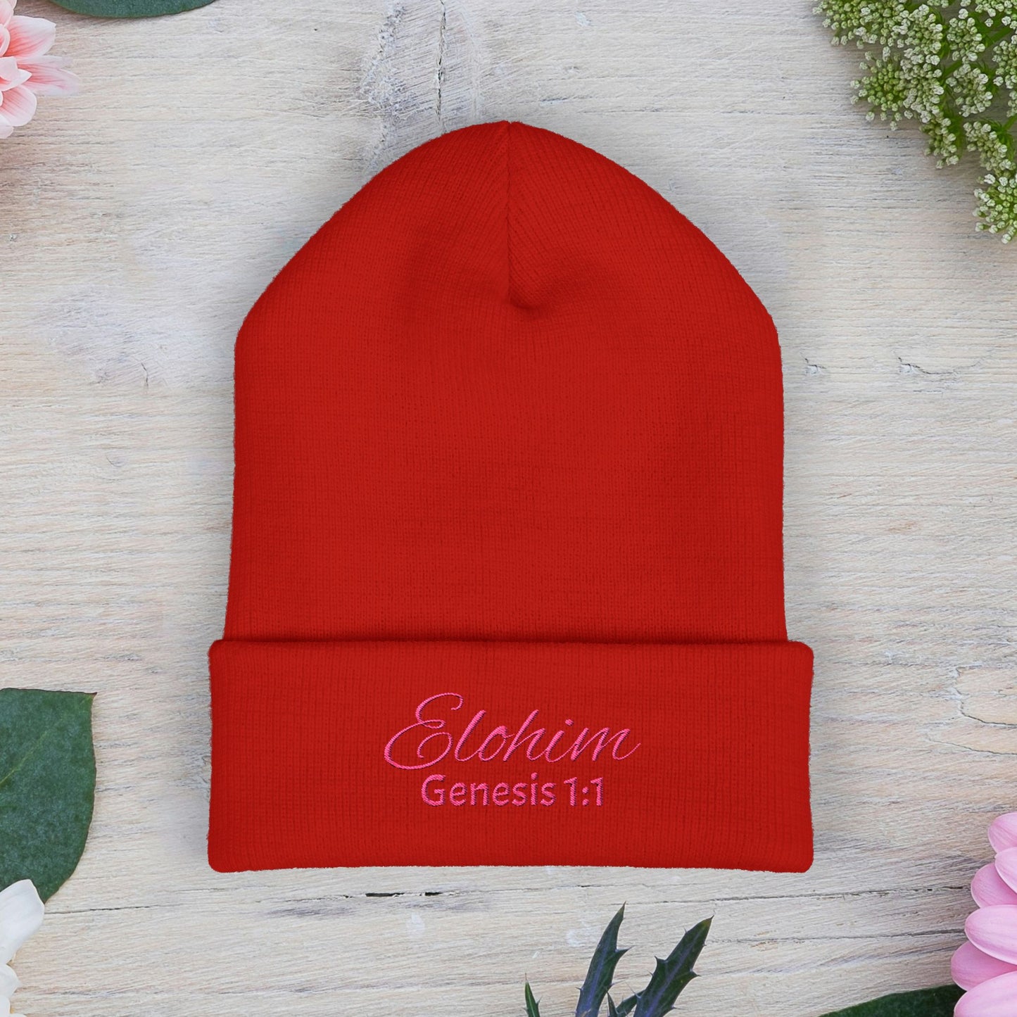 Pink Embroidered 'ELOHIM, GENESIS 1:1' Classic Cuffed Beanie - Cozy Winter Hat, Streetwear Accessory, Personalized Gifts, Religious Apparel, Unisex Beanie