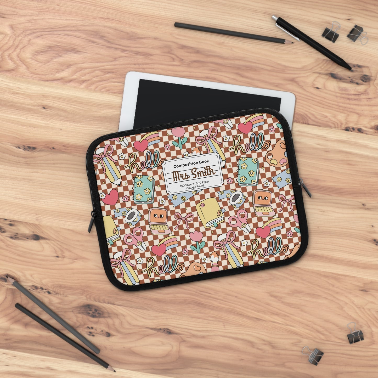 Personalized Brown Doodle Daydream Laptop Sleeve with Composition Book Inspired Design, Customizable Tech Case, School Supplies, Gift for Students, College Essentials, Back to School