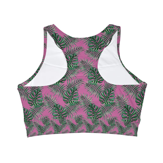 Pink Tropical Bliss High Neck Crop Bikini Top (AOP)