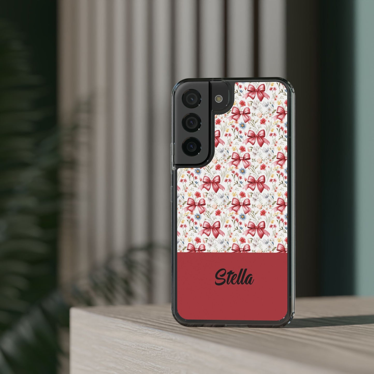 Personalized Rosette Coquette Floral Bow Clear iPhone, Samsung Cases — Custom Name Phone Cover