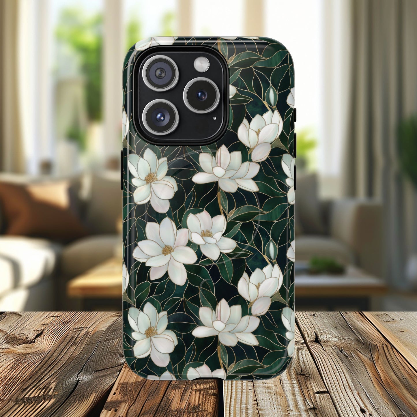 Midnight Magnolia Tough iPhone Magnetic Case, Stylish Stained Glass iPhone Protection, Nature Lover Gift, Spring Vibes