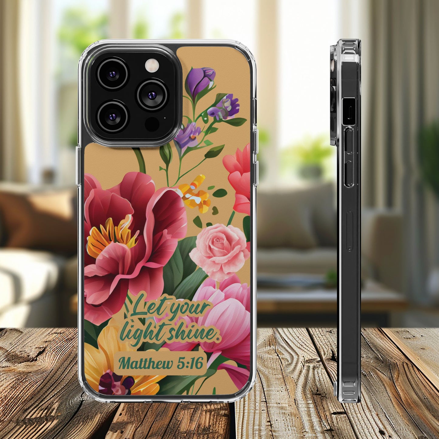 Clear Floral Bible Verse Phone Case — "Let Your Light Shine" (Matthew 5:16) for iPhone and Samsung Cases.