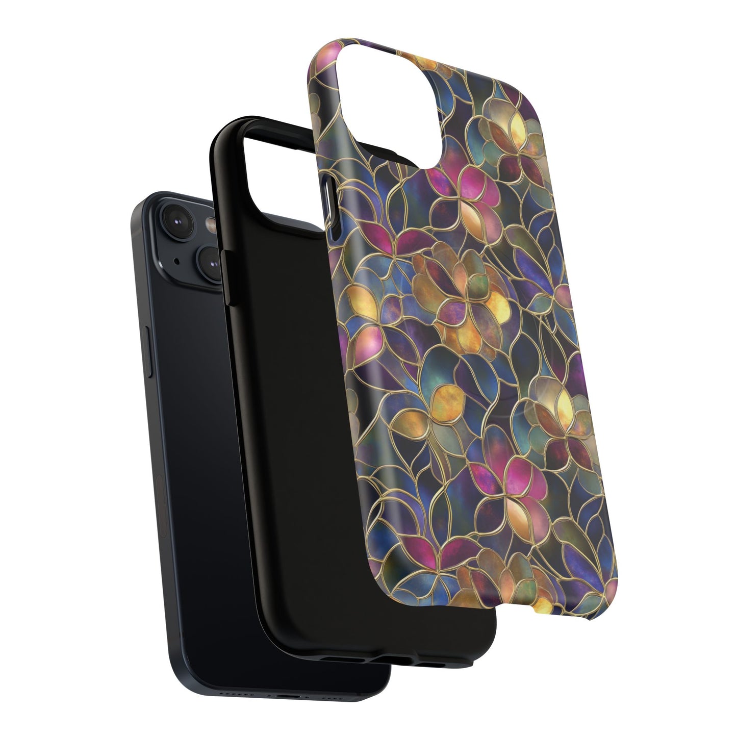 Chromatic Bloom Tough iPhone Magnetic Case, Tough iPhone Cover, Floral iPhone Accessory, Birthday Gift, Elegant Tech Decor, MagSafe Stained Glass Pattern.