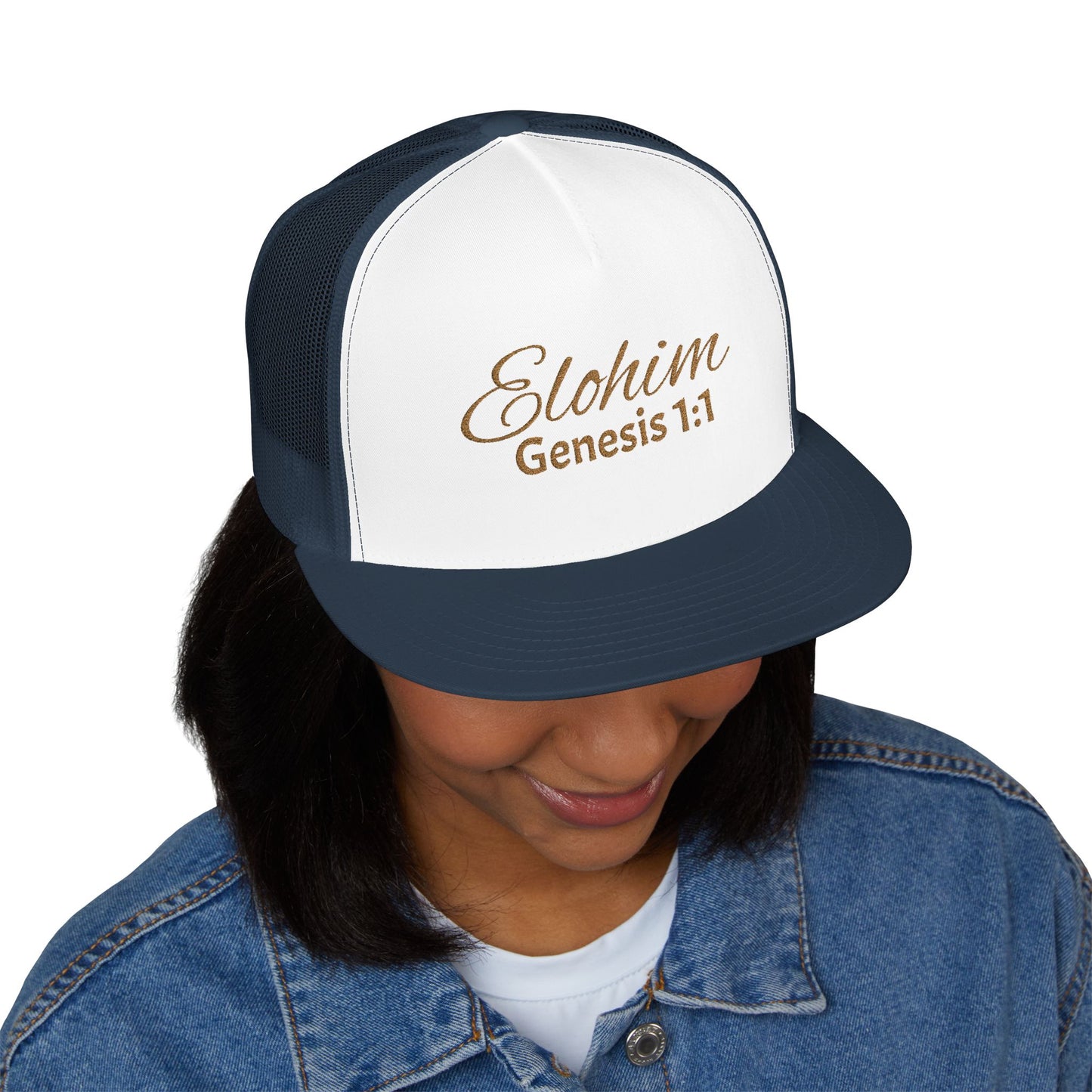 'ELOHIM, GENESIS 1:1'  Embroidered 5 Panel Trucker Cap | Casual Style Hat, Adjustable, Unisex, Perfect Gift for Outdoors, Festivals, Daily Wear