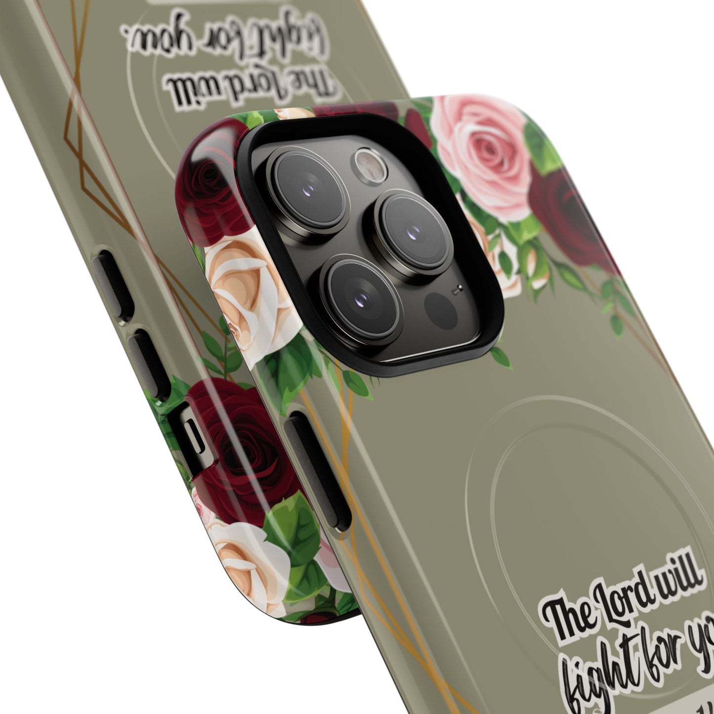The Lord will Fight for You Exodus 14:14, Inspirational Gift, Tough iPhone Magnetic Case Scripture, Roses Bible Verse, MagSafe® iPhone® Tough Case, iPhone 14, iPhone 15, iPhone 16, Pro, Pro Max, Plus.