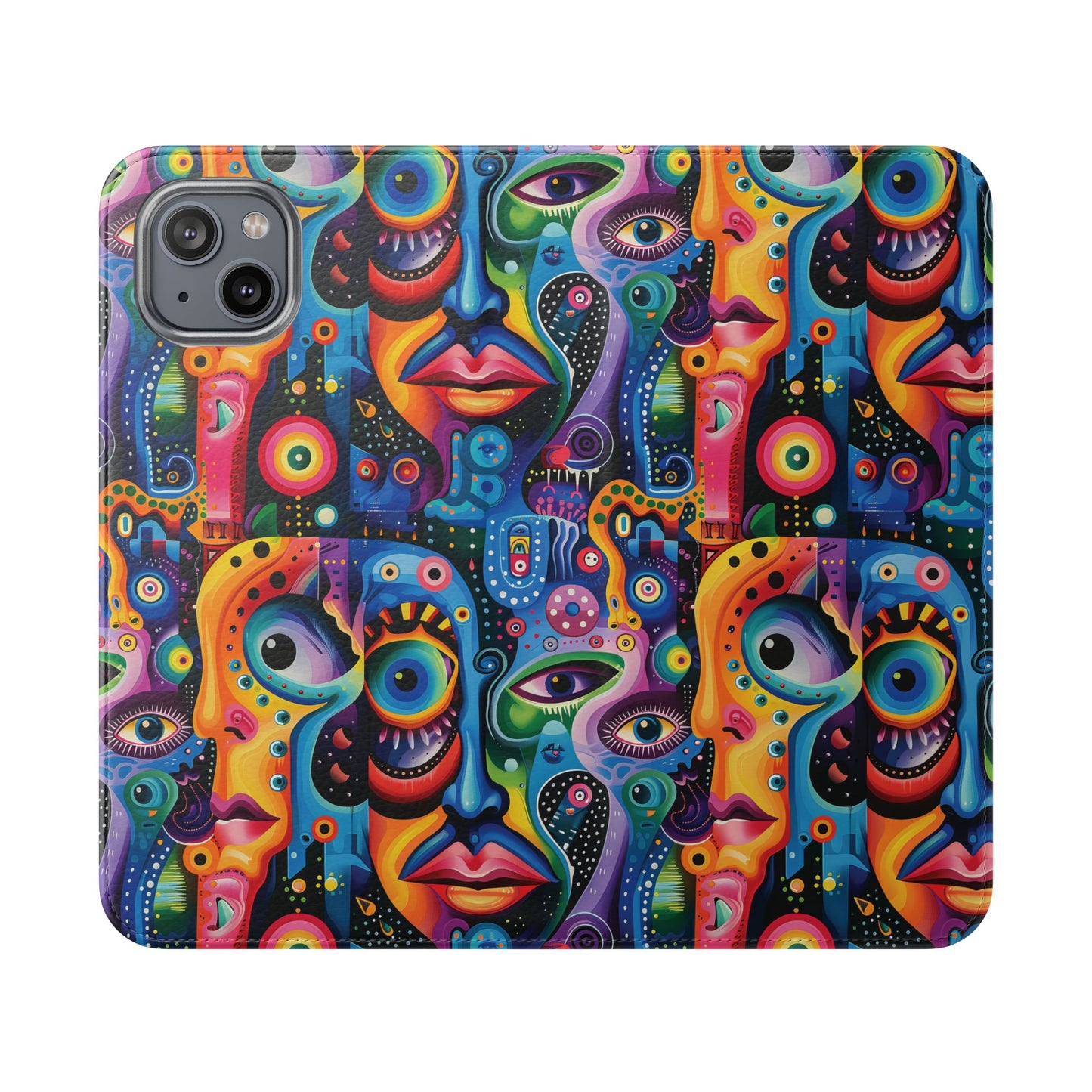 Psychedelic Visions Vibrant Art Flip iPhone and Samsung Phone Case - Colorful Faces Design for Phone Protection