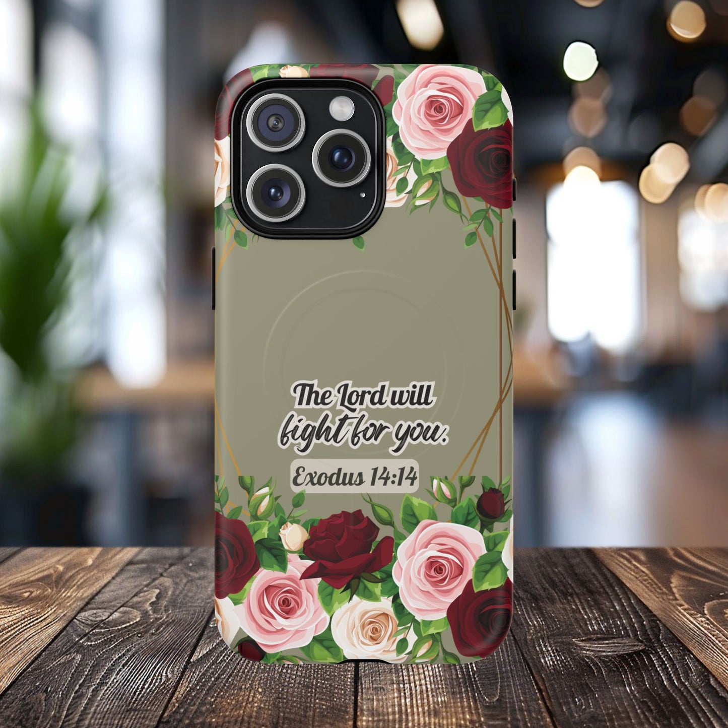 The Lord will Fight for You Exodus 14:14, Inspirational Gift, Tough iPhone Magnetic Case Scripture, Roses Bible Verse, MagSafe® iPhone® Tough Case, iPhone 14, iPhone 15, iPhone 16, Pro, Pro Max, Plus.