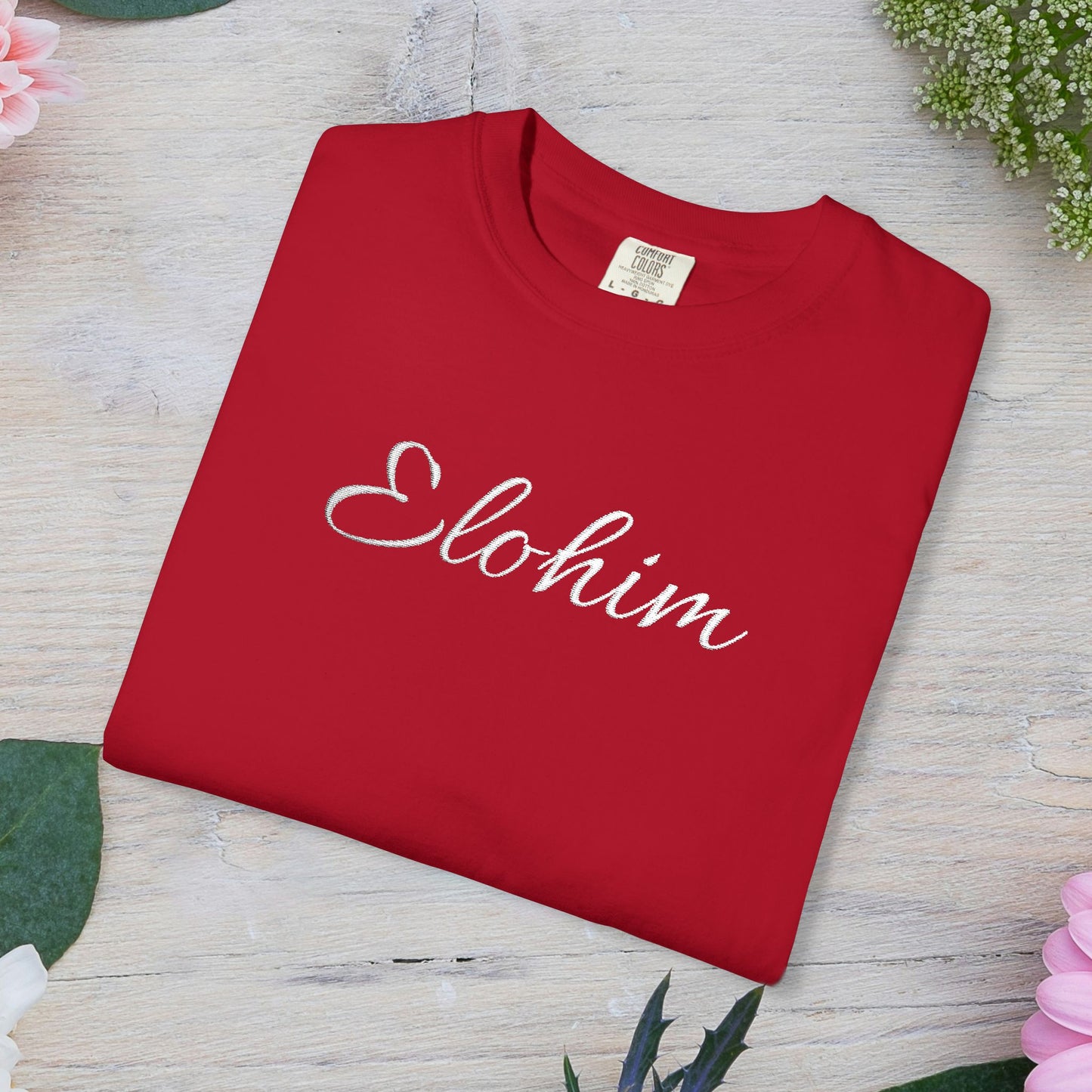 Embroidery 'ELOHIM, GENESIS 1:1' - Faith-Based Unisex Garment-Dyed Comfort Colors T-shirt, Faith Gift Tee, Religious Tee, Embroidery Tee.