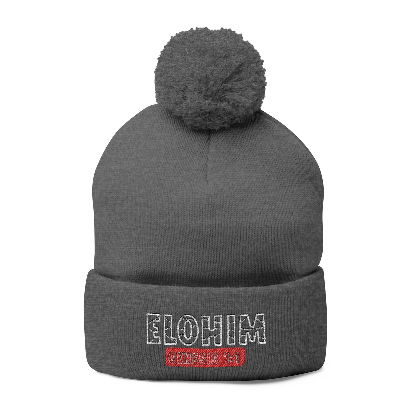 Cozy Pom-Pom Knit Cap with 'ELOHIM, GENESIS 1:1'  Embroidery Beanie - Stylish Winter Accessory for All Ages, Perfect Gift for Birthdays, Holidays, and Outdoor Activities