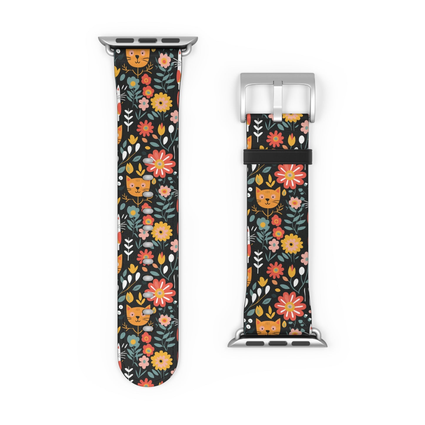 Whimsical Feline Garden Print Watch Band for Apple Watch - Cute Animal Design.
