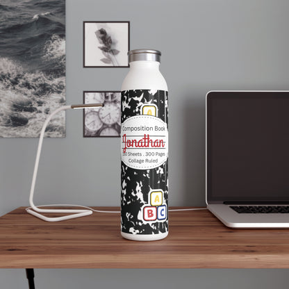 Personalized Black Composition Book Inspired Slim Water Bottle, Customizable Drinkware, Eco-Friendly Hydration Bottle, Perfect for Gifts, School Supplies, Back to School