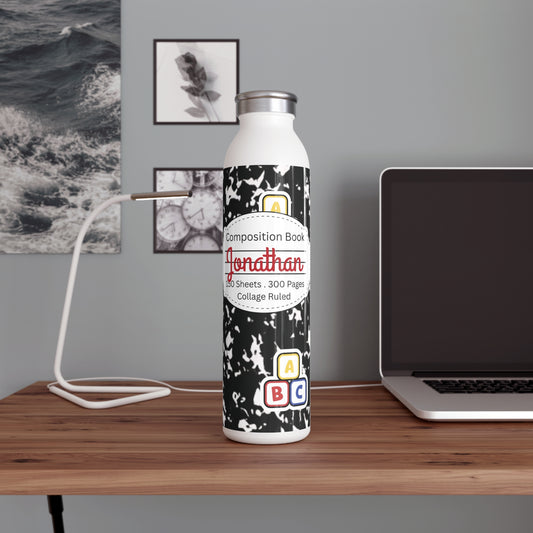 Personalized Black Composition Book Inspired Slim Water Bottle, Customizable Drinkware, Eco-Friendly Hydration Bottle, Perfect for Gifts, School Supplies, Back to School